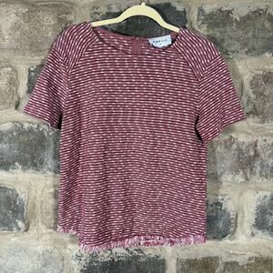 Emelia Knit Top Woman's Medium Red White Striped‎ Fringe Hem Exposed Zipper